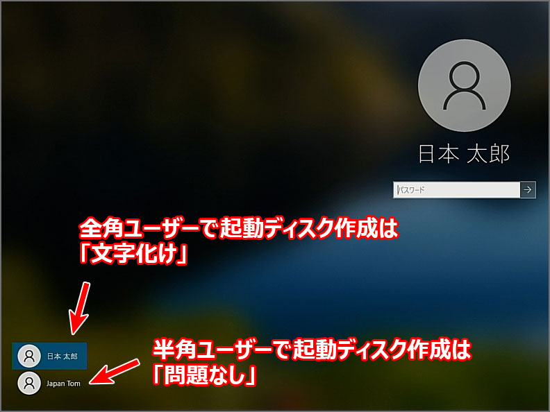 日本語でユーザーを作成してしまうと、文字化けが発生してしまいます。半角ユーザーを追加することで、対応しましょう。