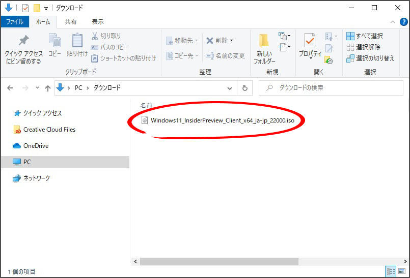 ダウンロードしたファイル名は、『Windows11_InsiderPreview_Client_x64_ja-jp_22000.iso』でした。