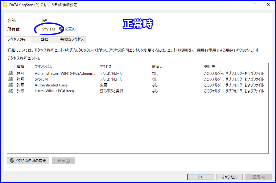 正常時の『所有者：』は『SYSTEM』になっています。