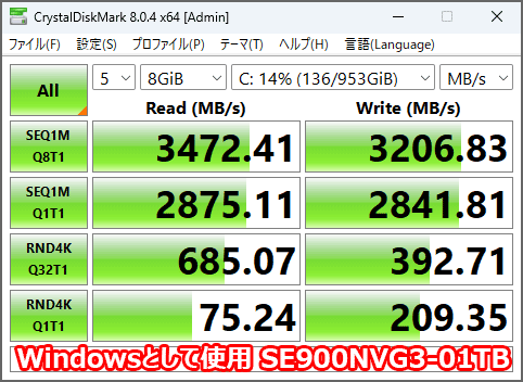 SE900NVG3-01TB。CrystalDiskInfoにて、Windows（C）ドライブとして使用中の速度。読み書き、3200MB/s強。